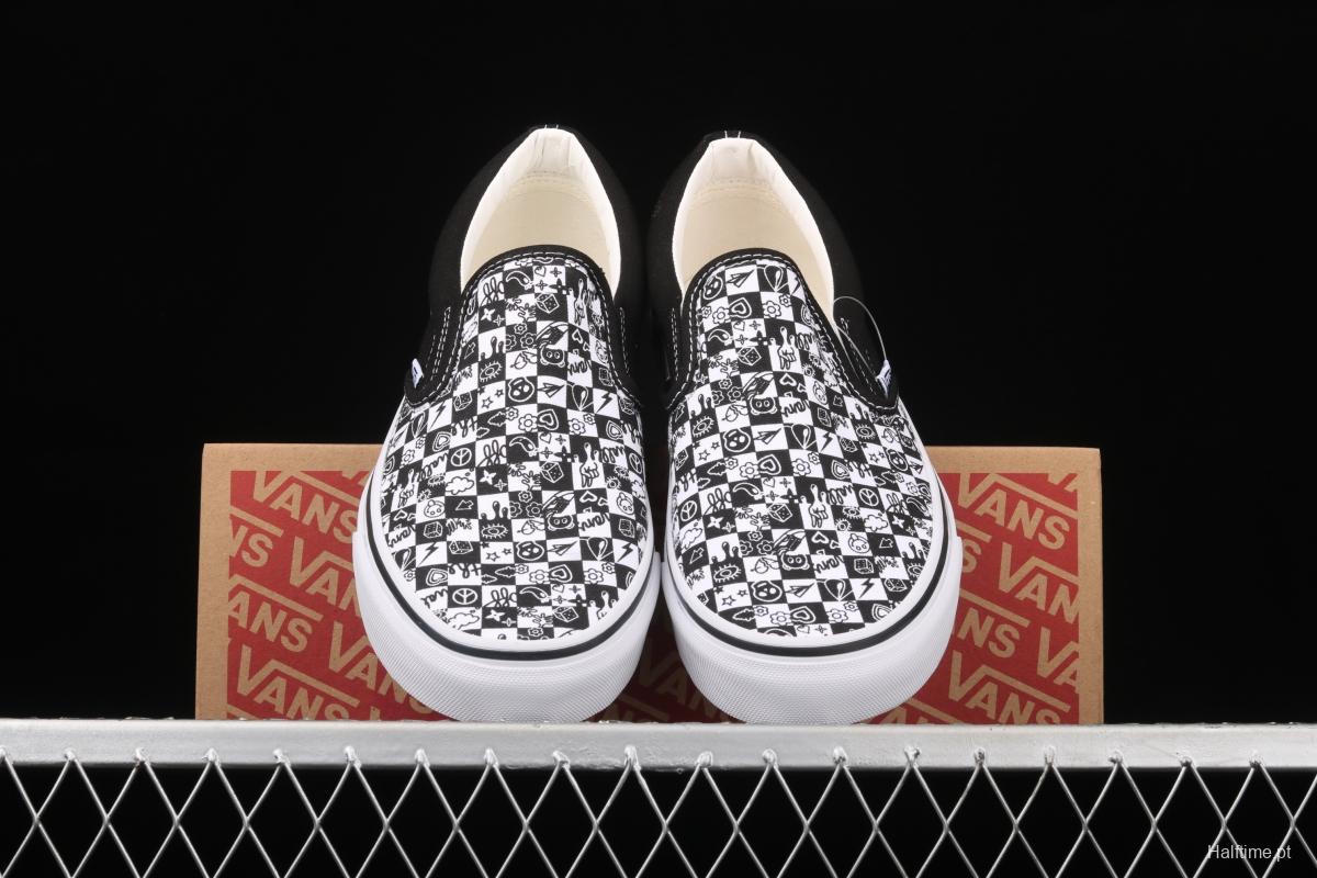 Vans Classics Slip-On lazy black-and-white graffiti printed low-top shoes VN000EYEBWW