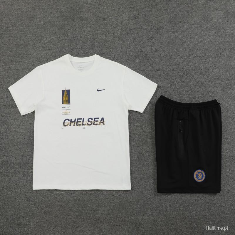 23/24 Chelsea White Cotton Short Sleeve Jersey+Shorts