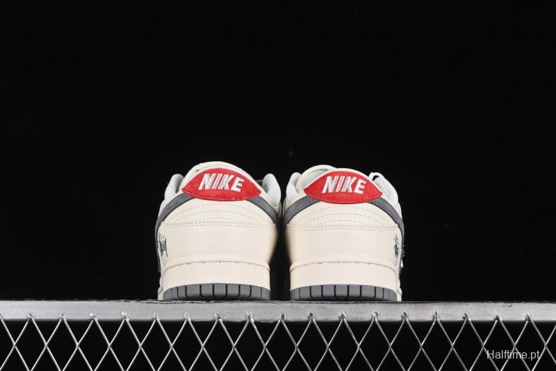 Nike SB Dunk Low Stussy Collaboration - Grey Pigskin Red Tail Anniversary High-End Custom Low-Top Casual Skate Shoes - XY2025-015