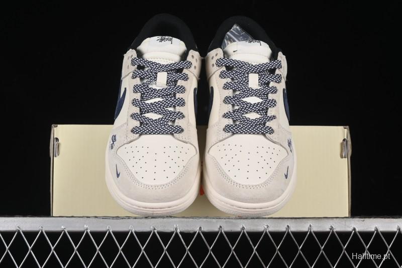 Nike SB Dunk Low Supreme x Stussy Triple Collaboration - Off White Navy Swoosh Anniversary Custom Low-Top Casual Sneakers - SJ2068-301