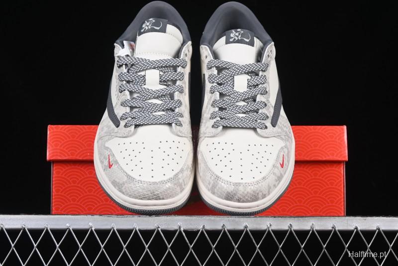 Nike Travis Scott x Fragment Design x Air Jordan 1 Low OG SP AJ1 Snake Year Limited Grey Snake Scale with Grey Swoosh Low-top Casual Sneakers - XS3086-009